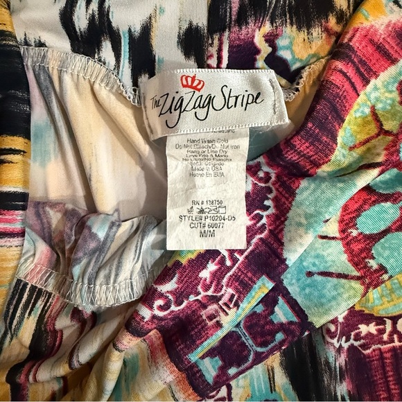 ZigZagStripe Palazzo Pants Elegant Teal and Pink Patterned Wide-Leg Pant Size M - Picture 2 of 2